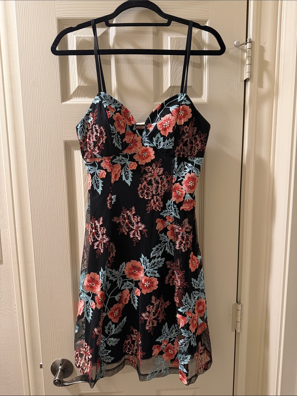 Guess Black Mini Dress with Coral Floral & Aqua Leaves